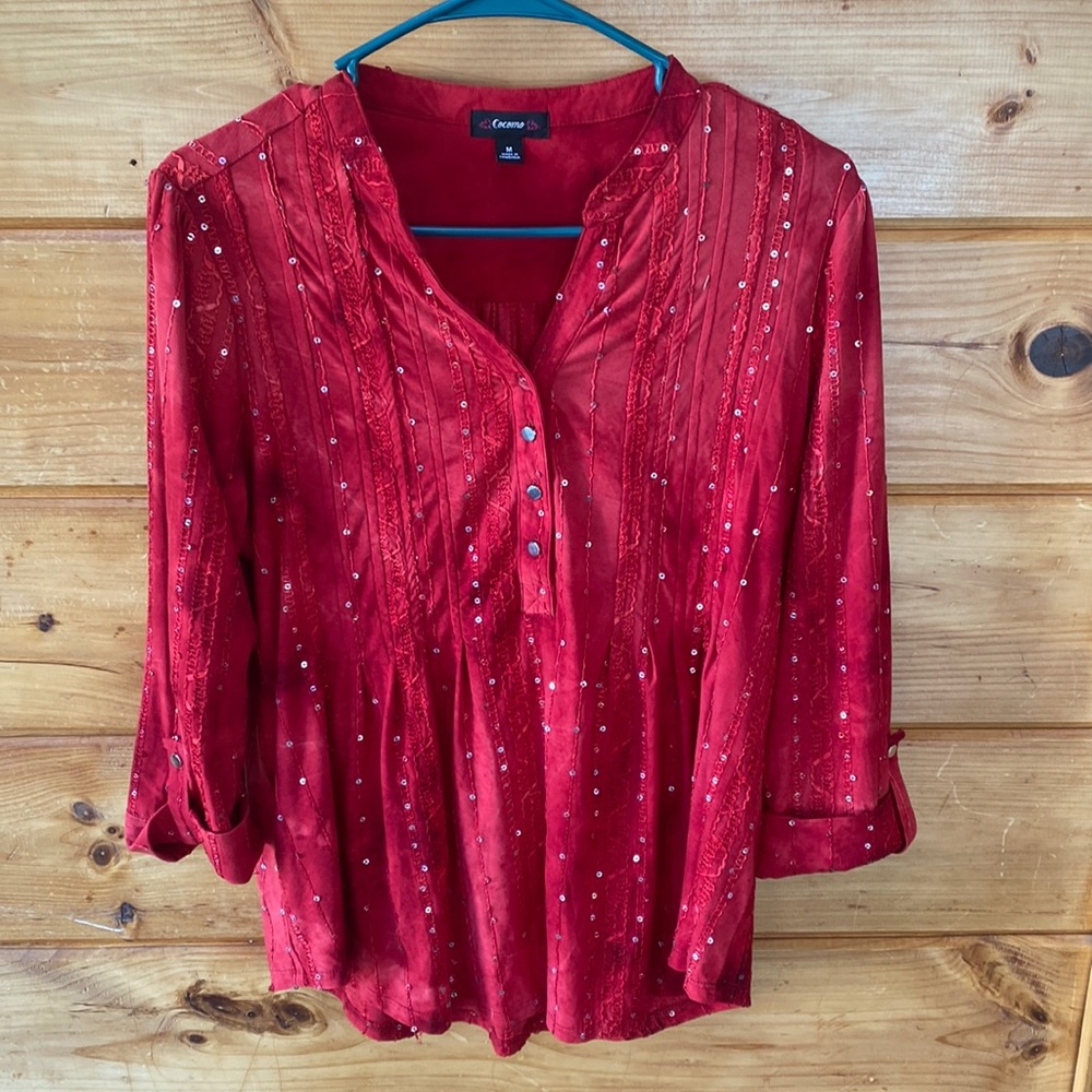 Red Sequined Embroidered Top